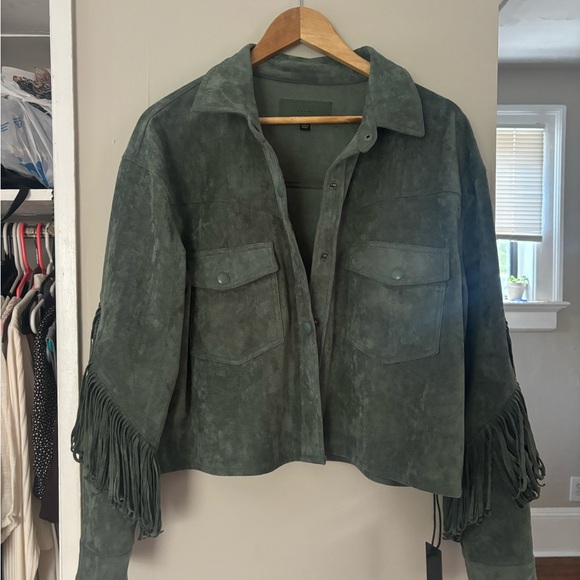 NWT Free People Twist and Shout Vegan Fringe Jacket Sz Large Olive Branch - Picture 2 of 7